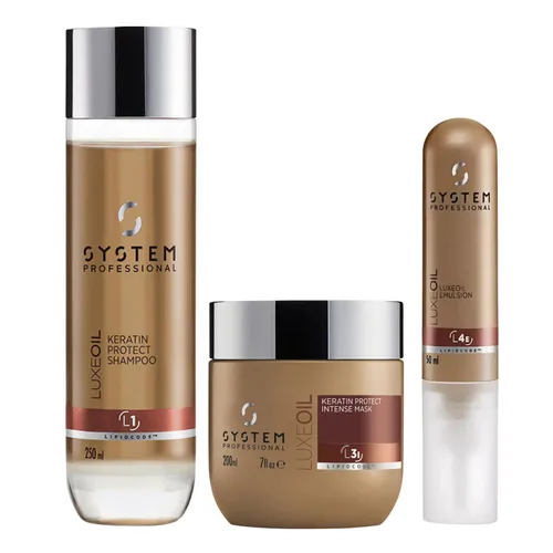 System Professional LuxeOil Set - Shampoo, Keratin Mask & Emulsion - Hochwertiges Pflege-Set für alle Haartypen. Bietet intensive Feuchtigkeit und schützt coloriertes Haar. Ideal für glänzendes, geschmeidiges Haar im Alltag.