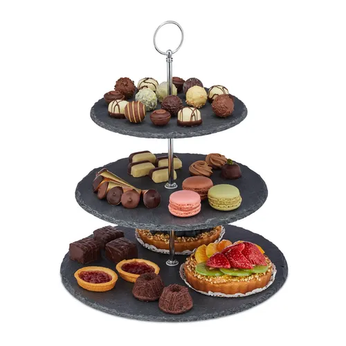 Elegante Etagere Schieferständer für Snacks - 3-stöckige Ablage in anthrazit, ideal für stilvolle Präsentationen von Snacks und Desserts, aus 80% Schiefer und 20% Eisen gefertigt.