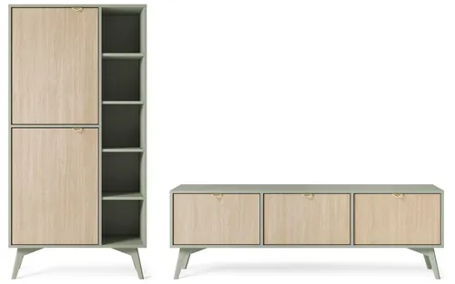 Wohnzimmer-Set Wohnwand 2-teilig eukalyptusgrün Herringbone Skandi