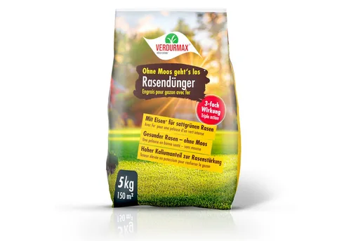 VERDURMAX® Rasendünger - Effektive Moosbekämpfung für einen dichten Rasen 5 kg - Der VERDURMAX Rasendünger stärkt Rasenflächen durch 9 % Eisen und fördert ein kräftiges Wachstum. Ideal zur Regeneration und Moosverdrängung, sorgt er für einen gesunden, tiefgrünen Rasen das ganze Jahr über.