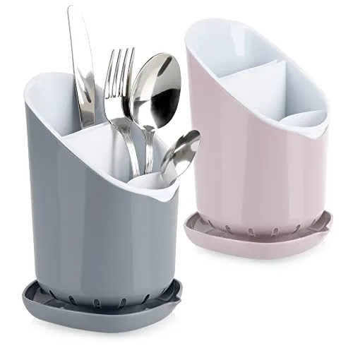 com-four® 2x Besteckabtropfkorb - Küchenutensilienhalter aus Kunststoff - Besteckkorb mit herausnehmbarer Trennwand - Kochlöffelständer - spülmaschinengeeignet (2 Stück - grau/rosa)
