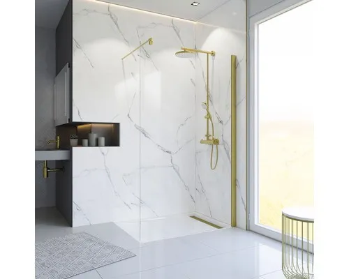 Walk In SCHULTE Alexa Style 2.0 ExpressPlus 90 cm - Duschabtrennung mit elegantem goldfarbenem Profil und klarem Glas, leicht zu reinigen und ideal für moderne Badezimmer.