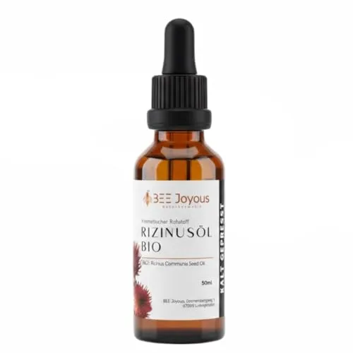 BEE Joyous Rizinusöl Bio Kaltgepresst, 100% Natürlich, Ohne Hexan, für Haare, Wimpern, Augenbrauen, Haut, mit Glasflasche und Pipette, 50ml
