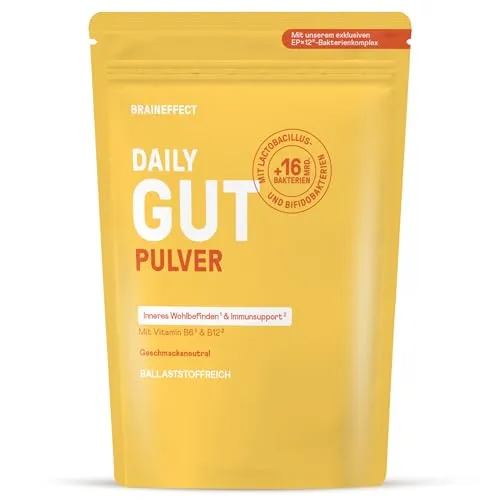 Produktbild BRAINEFFECT DAILY GUT – Probiotisches Getränkepulver mit 16 Mrd. lebenden Bakterien & 7 g Ballaststoffen pro Portion, mit Vitamin B1, B2, B6 & B12, Neutraler Geschmack – 240 g
