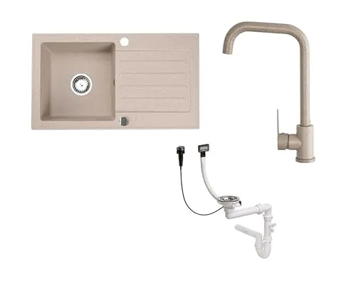 Faizee Granitspüle 76x44 cm Beige - Eckige Küchenspüle - Becken: Hochwertige Granitspüle, kratzfest und hitzebeständig, ideal für Unterschränke ab 45 cm. Flexibel montierbar für individuelle Küchenlösungen.