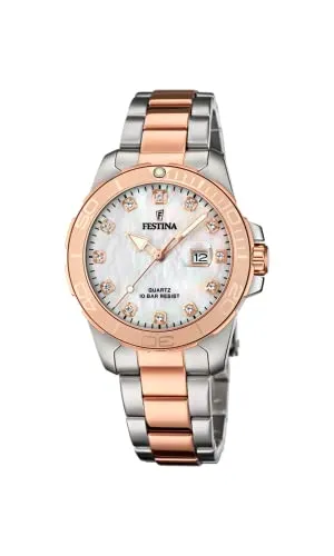 Festina Damen Analog Quarz Uhr F20505/1 - Elegante Armbanduhr für Damen mit Edelstahlgehäuse und roségoldener Lünette, wasserdicht bis 10 bar und mit präzisem Quarzwerk für zuverlässige Zeitmessung.