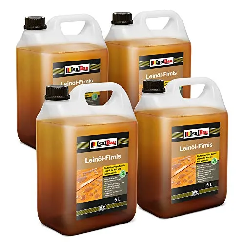 Isolbau Leinöl-Firnis - 4 x 5 Liter - Leinöl für Holz - Holzschutz für Außen und Innen Wetterfest - Doppelt gekochtes Holzöl als natürlicher Schutz für Möbel - Wasserabweisend
