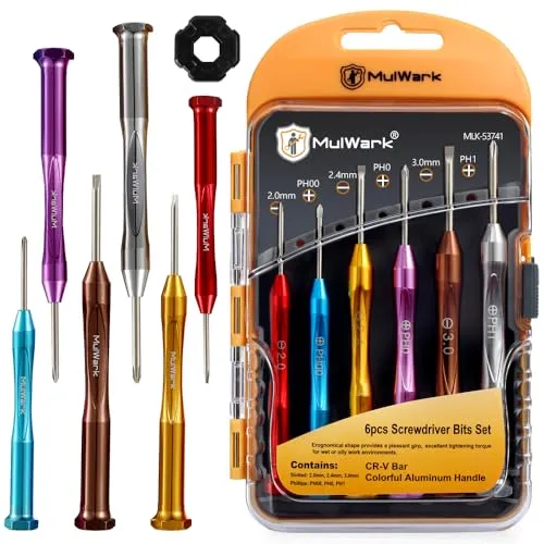MulWark 6-teiliges Magnetisches Mikro Präzisions Schraubendreher Set - Mini Flach und Kreuzschlitz für Brillen, Uhren, iPhone & Elektronik-Reparatur (CR-V Stahl)