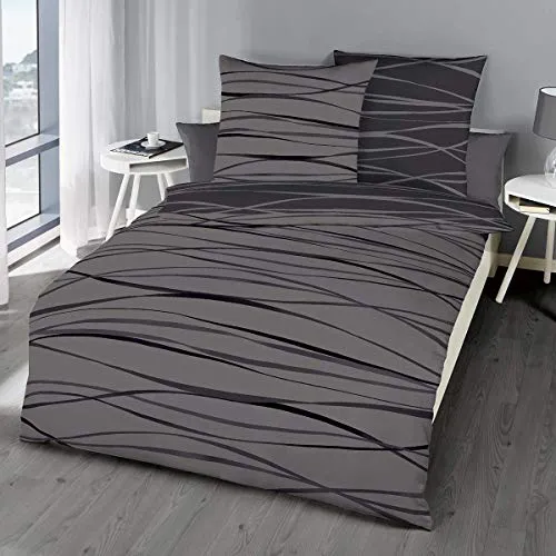 G BETTWARENSHOP Biber Bettwäsche Motion Zinn 160x210 cm + 65x100 cm - Bettwäsche-Set aus 100% Baumwolle, ideal für den Winter. Flauschig-warm und temperaturausgleichend für höchsten Kuschelfaktor. Pflegeleicht und langlebig mit elegantem Design.