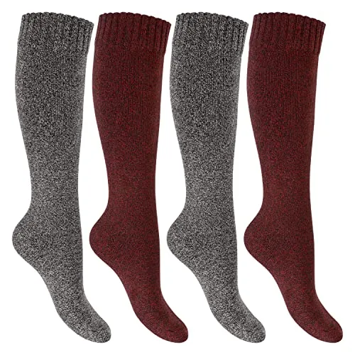 Footstar Damen Frottee Kniestrümpfe (4 Paar) Warme Baumwollsocken mit Thermo-Effekt - Rot-Grau 35-38