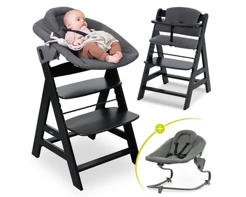 Hauck Hochstuhl Alpha Plus Black Newborn Set Premium, Holz Babystuhl ab Geburt inkl. Aufsatz für Neugeborene & Sitzauflage