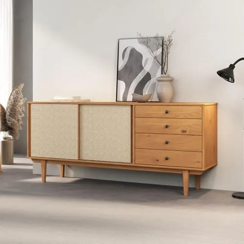 IDIMEX Sideboard SIMONA - Stilvolle Anrichte mit Rattan-Geflecht - Sideboard SIMONA aus massivem Kiefernholz mit elegantem Rattan-Geflecht. Ideal für modernen Wohnstil und bietet praktischen Stauraum mit 4 Schubladen und 2 Schiebetüren.