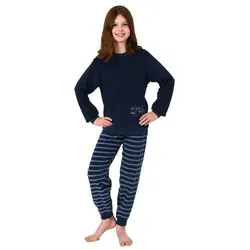 Normann Pyjama Mädchen Frottee Pyjama lang Schlafanzug mit Bündchen, Hose gestreift blau 134-140