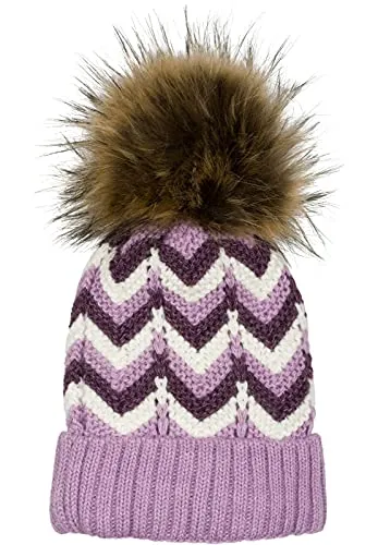 styleBREAKER Damen Strick Bommelmütze mit Zick-Zack Muster und Fleece Futter, Winter Fellbommel Mütze, Strickmütze 04024188, Farbe:Flieder-Violett-Weiß