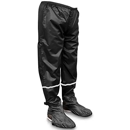 RainRider Regenhose für Damen/Herren (schwarz) wasserdicht inkl. einfaltbare Schuhüberzieher, Regenfeste Fahrradbekleidung geeignet zum Wandern, Angeln oder Gartenhose (Schwarz mit Reflektor L)