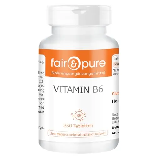 Fair & Pure Vitamin B6 22,5mg, 250 Tabletten, Pyridoxin HCl, veganes Nahrungsergänzungsmittel ohne Zusätze, in Deutschland hergestellt
