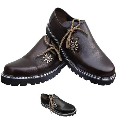 German Wear Haferlschuhe Herren Edelweiss aus 100% Glattleder Bequeme Trachtenschuhe Original Traditioneller Stil Handmachart Kalbsleder Dunkelbraun - 44