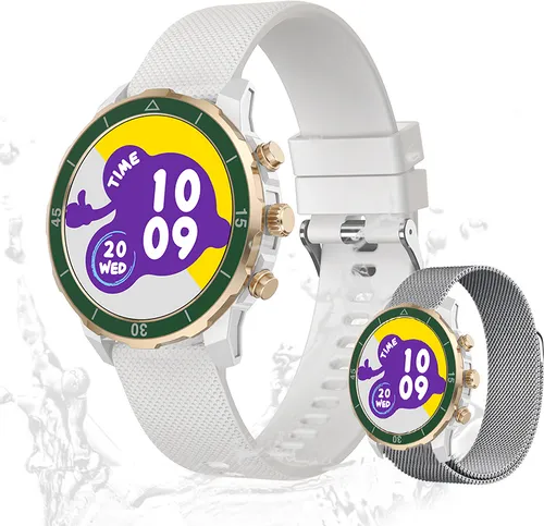 Valdus Damen Smartwatch 1,32 Zoll AMOLED Fitness-Tracker mit Telefonfunktion, IP68 wasserdicht, Herzfrequenzsensor, SpO2 & Schrittzähler – Weiß