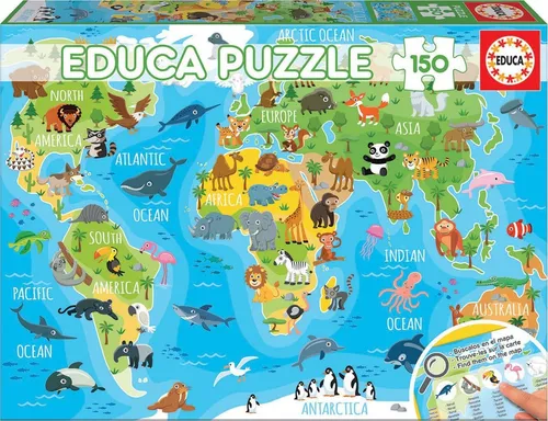 Educa 18115, Weltkarte mit Tieren, 150 Teile Puzzle für Kinder