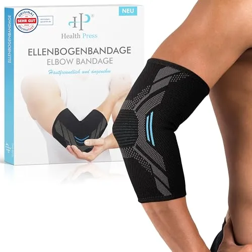 Health Press Ellenbogenbandage – 1x Ellenbogen-Bandage, Gr. L – Ellenbogenstütze – Entlastung & Stabilisierung des Ellenbogengelenks – Profi Kompressionsbandage – Stützende Armbandage Rechts/Links