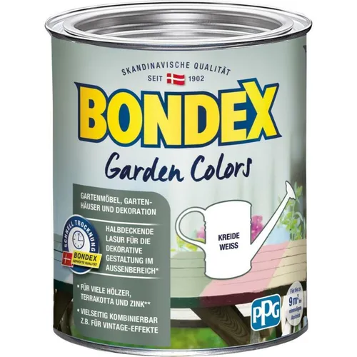 Bondex Holzfarbe Garden Colors, 0,75l, wetterfest, Kreide Weiß - Halbdeckende Holzfarbe für die dekorative Gestaltung im Außenbereich. Ideal für viele Materialien, tropfgehemmt für einfachen Auftrag. Reichweite ca. 13 qm/l, perfekt für kreative Vintage-Effekte.