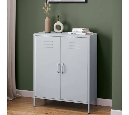 skølm Atria Metall Kommode – Modernes Sideboard in Hellgrau - Kommode im Industrial Style mit 3 Fächern und höhenverstellbaren Einlegeböden, ideal als Flurschrank oder Aufbewahrungsschrank – stabil und pflegeleicht.