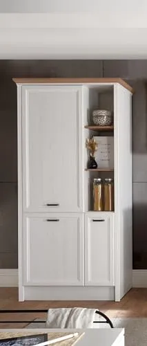 möbelando Jasmin Einbauschrank für Kühlschrank in Pinie hell - Midi- & Hochschrank für Küchen, mit viel Stauraum für Kühlschränke bis 122,5 cm Nischenmaß, kombiniert modernen Landhausstil mit einfacher Montage.