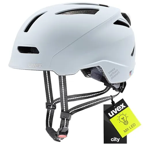 uvex urban planet LED Helm, cloud matt, 58-61 cm - Fahrradhelme mit Hardshell-Technologie aus recycelten Materialien und integrierter Plug-in-LED für erhöhte Sicherheit und umweltfreundlichen Fahrspaß.