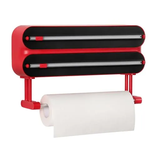 Quasziwa 3-in-1 Frischhaltefolienspender mit Küchenrollenhalter - Platzsparender Wandrollenhalter, magnetisch & ohne Bohren, Folienschneider für Frischhaltefolie & Alufolie - Inkl. Rolle 50m, Rot