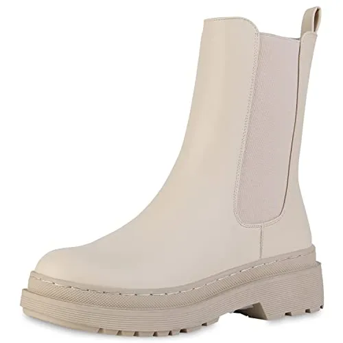 VAN HILL Damen Leicht Gefütterte Plateau Boots Stiefeletten Blockabsatz Schuhe Profilsohle Booties Freizeit Plateauschuhe 208147 Beige 41