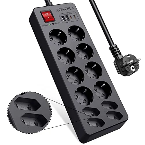 Steckdosenleiste Überspannungsschutz mit USB C, 12 Fach Mehrfachsteckdose mit Schalter, Mehrfachstecker mit 2 USB-C und 2 USB-A, Steckerleiste Wandmontage für Zuhause und Büro, Schwarz