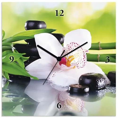 ARTLAND Wanduhr ohne Tickgeräusche Alu Quarzuhr 30x30 cm Quadratisch Lautlos Orchidee Zen Pflanze Spa Steine Bambus Asiatisch T9IQ