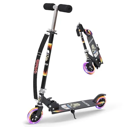 Habib Gruppe Kinderroller – Mitwachsender Tretroller & Scooter mit LED Rädern, Klappbar, 4 Stufen Höhenverstellbar für Kinder 3-10 Jahre, Jungen & Mädchen - Schwarz