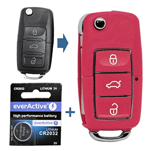 Auto Schlüssel Funk Fernbedienung 1x Gehäuse 3 Tasten Pink + 1x Rohling HA66 + 1x CR2032 Batterie für VW SEAT Skoda
