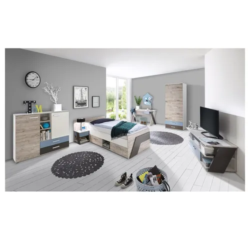 Lomadox Jugendzimmer-Set LEEDS-10, 6-tlg. in Sandeiche Nb. mit Weiß Lava und Denim Blau