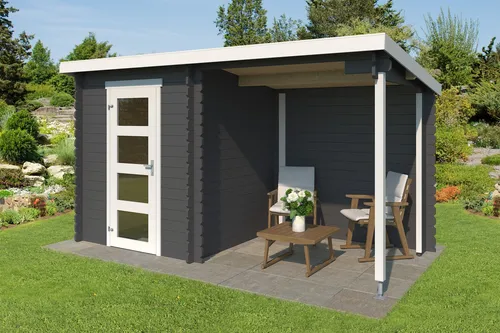 Gartenhaus Blockhaus Pultdach 28 mm Jelle Plus grau 390x195 cm - Gartenhaus mit 2.87 m² Nutzfläche und abschließbarer Einzeltür, ideal für die sichere Aufbewahrung von Gartengeräten.