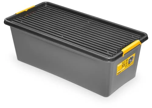 KONZEPT Aufbewahrungsbox mit Deckel 55 L – inkl. beschriftbaren Etiketten, aus hochwertigem Kunststoff, stapelbar und stabilen Verschlussclips, ideal für Keller, Werkstatt, Garage