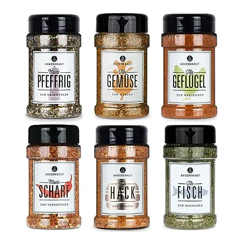 Ankerkraut 'Einfach kochen' Set, 6 Gewürz Streuer im Bundle, für Geflügel, Fisch, Hack, Gemüse, Scharf und Pfeffer, 1225 g Gewürze für Alles