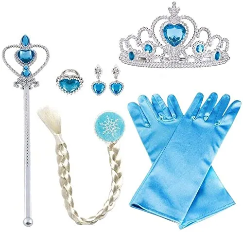 Vicloon ELSA Set, Eisprinzessin Set，ELSA Handschuhe, Pfirsichherz Krone, Zauberstab, Ring, Ohrring, Clip-On Toupet, Set von 8