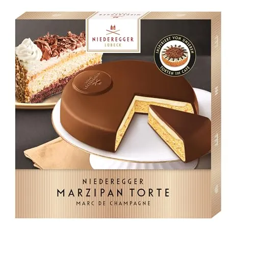 Niederegger | Marzipan Torte »Marc de Champagne« | 1x 185g | Marzipan-Torte mit edler Marc de Champagne-Füllung | Umhüllt von Vollmilch-Schokolade | Geschenkpackung