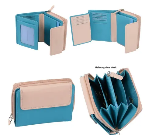 Damenreißverschlussbörse in Türkis-Beige aus Leder - Geldbörse für Damen mit vielen aufklappbaren Kartenfächern, stilvoll und praktisch für den Alltag.