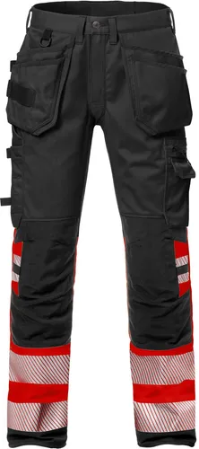FRISTADS 127732-396-D108 Warnschutz-Hosen für höchste Sichtbarkeit - Sonstige, robuste Warnschutz-Hosen in Rot/Schwarz, ideal für sicheres Arbeiten bei schlechten Lichtverhältnissen.
