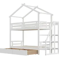 Kinderbett 90*200cm,Etagenbett mit Stauraumleiter,mit Schubladen,Massivholz-Etagenbettgestell,Lattenrost