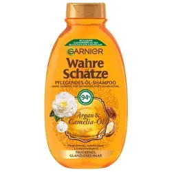 GARNIER Wahre Schätze Argan-Camelia-Öl Shampoo 250 ml - Shampoo für trockene Haare mit Argan- und Camelia-Öl, pflegt intensiv und sorgt für seidige Geschmeidigkeit und Glanz, ideal für verwöhnende Haarpflege.