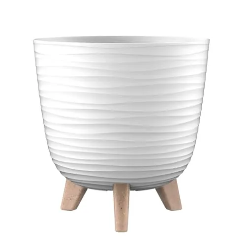 Engelland - 1 x Blumentopf mit Füßen & Bewässerungssystem, Weiß, Ø 24 cm, Pflanzkübel, Übertopf, Wellenmuster, Innen- & Außenbereich, Drainagesystem & Wasserspeicher, rund, Kunststoff