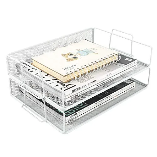 EasyPAG 2 Stück A4 Stapelbar Metall Büro Schreibtisch Organizer Dokumentenhalter Aktenablage Zeitschriftenhalter Briefablage Papier Magazin Organisator,Weiß