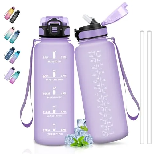 Grsta 1,5L Sport Trinkflasche mit Strohhalm und Zeitmarkierung, ideal für Gym, Wandern, Yoga, Outdoor
