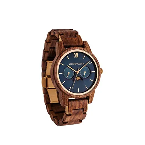WoodWatch Herren Armbanduhr Holz Blau Braun mit Mondphase - Elegante Armbanduhr aus ostafrikanischem Kosso-Holz mit multifunktionalem 12-Stunden-Zifferblatt, Datums- und Mondphasenanzeige. Ideal für stilbewusste Männer!