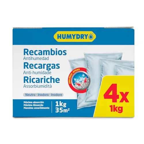 Sonder-Set mit 4 Nachfüllbeutel für Luftentfeuchter – Ideal für Schränke, Badezimmer und Räume – Räume bis zu 35 m2 – 1-Kilo-Beutel – Duft: Neutral – Humydry