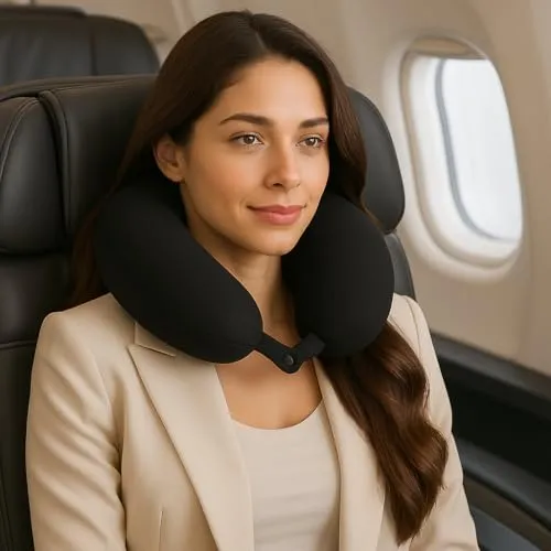 KAMACA Nackenhörnchen Nackenkissen mit Softplüsch Bezug und Druckknopf-Verschluss für Unterstützung bei Reisen Weiches und Komfortables Reisekissen für Flugzeug Zug Auto Bus (SCHWARZ)